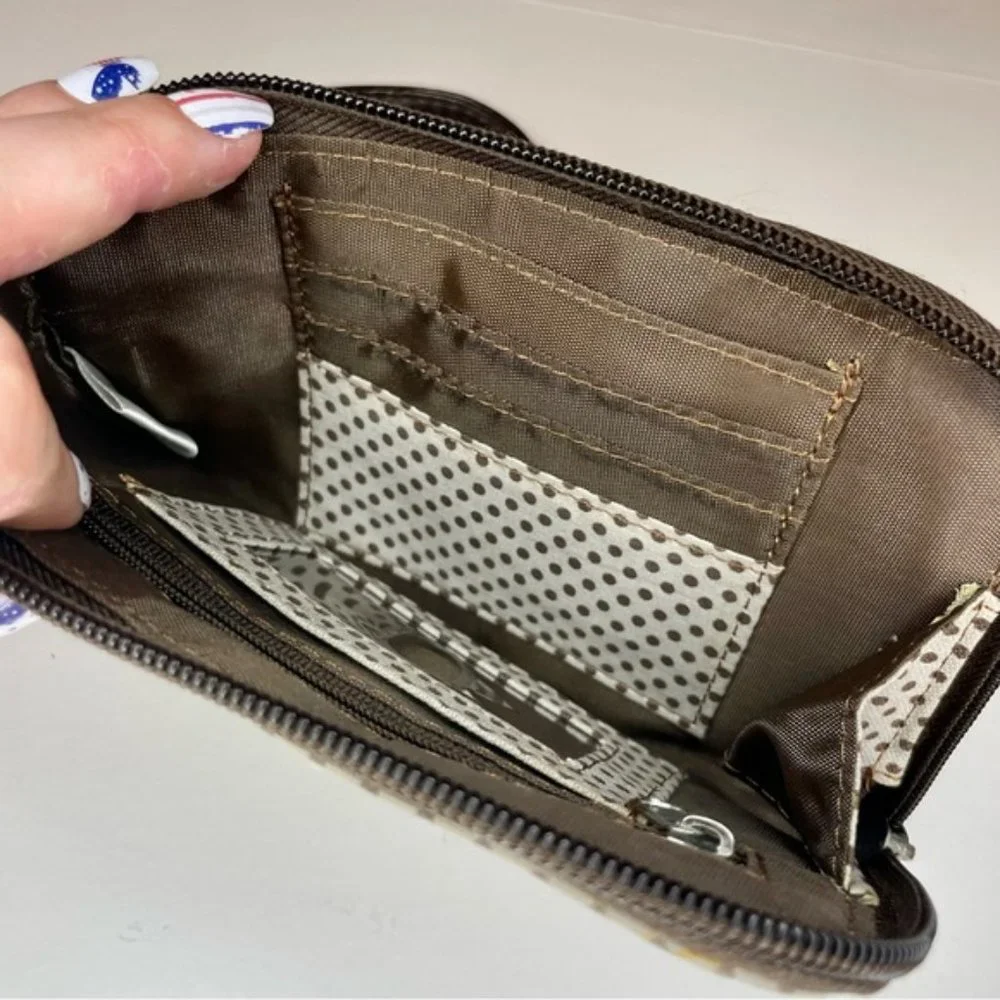 Thirty-One Slim Soft Brown and Cream Polka Dot Wristlet